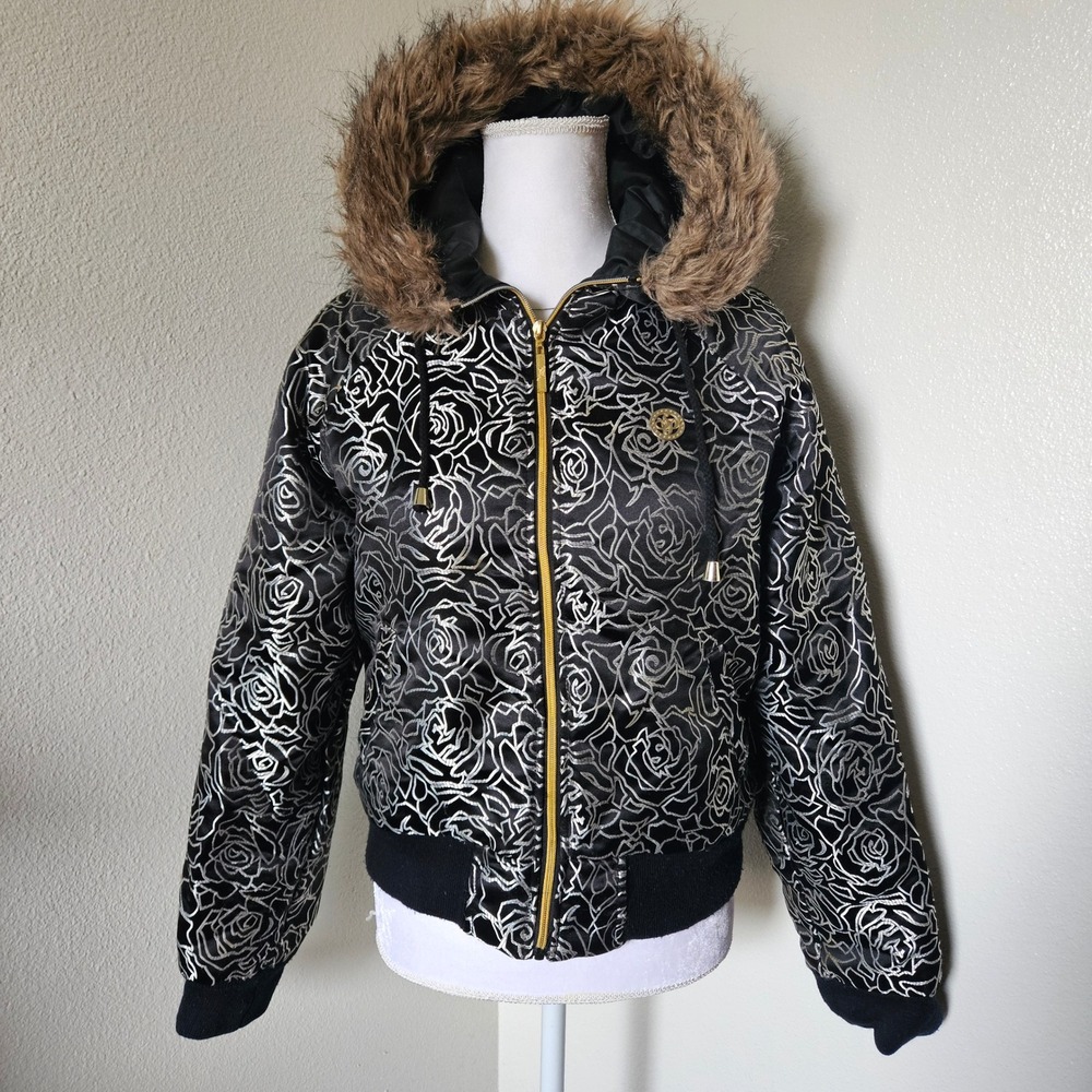 Southpole All Over Rose Puffer Jacket Black Silver Faux Fur Hood Y2K
